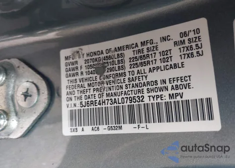 2010 Honda Cr-V Ex-L z USA, uszkodzony, nr VIN 5J6RE4H73AL079532